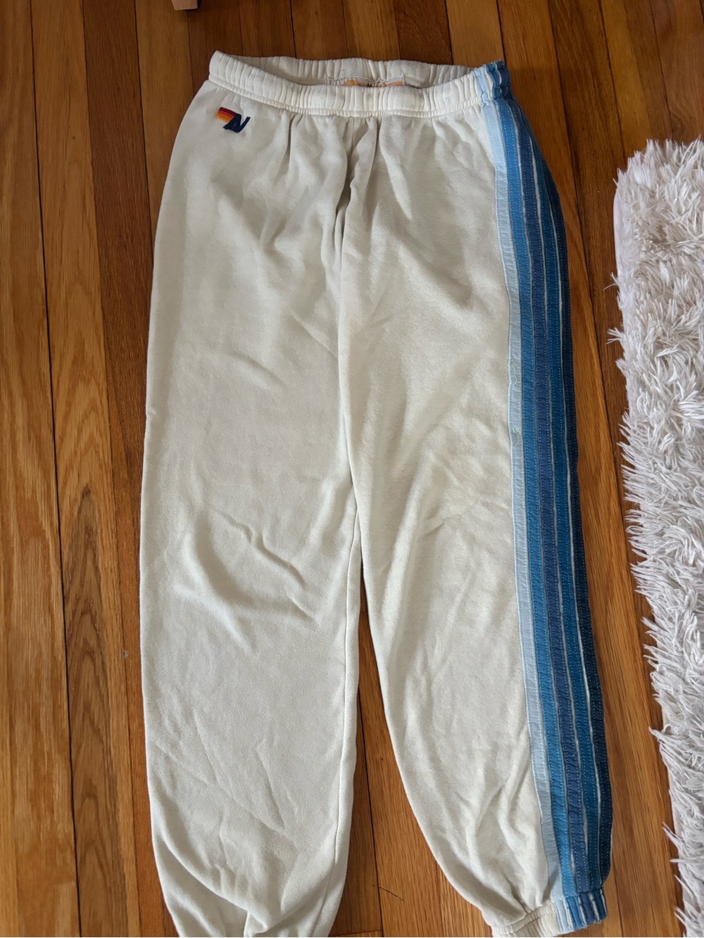 Aviator Nation Cream Joggers with Blue Side Stripes